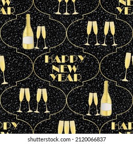 Happy New Year celebration vector seamless Ogee pattern with champagne bottles and glasses and greeting text. Black gold background with terrazzo granite texture. Drinks and 1920s font party repeat