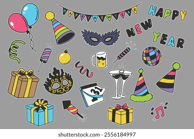 Happy New Year Celebration Vector Sticker Bundles 
