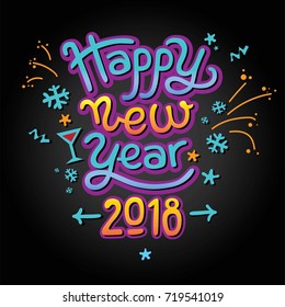 Happy  New Year. Celebration vector composition with lettering and hand-drawing. Elements of the new year holiday, snowflakes