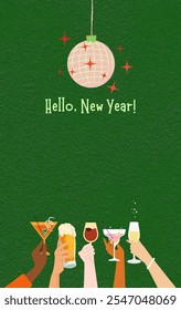 Happy New Year Feier Tapete Hintergrund Design-Vorlage in Schriftzug Typografie Stil. Szene minimalistisch mit Handhaltebrille, Disco-Ball und Text. Ideal für Poster, Banner, Hintergrund