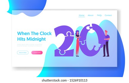 Happy New Year Celebration Website Landing Page. 2020 Greeting Card Concept. Man and Woman Set Up Huge Number 20 Puzzle. Corporate Party, Team Work Web Page Banner. Cartoon Flat Vector Illustration