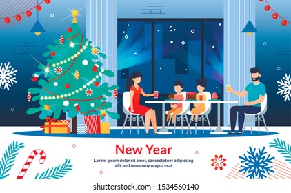 Happy New Year Celebration, Winter Holidays Family Traditions Trendy Flat Vector Horizontal Banner, Poster Template. Joyful Parents with Children Sitting at Dinner Table on Christmas Eve Illustration