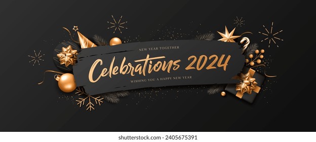 Happy new year, Celebrations 2024 ornaments gold and black, greeting card banner design on black background, Eps 10 vector illustration
