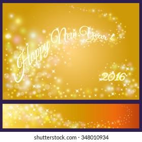 Happy New Year celebrations flyer, banner, poster or invitation with shiny text. New Year 2016 message with lights, shining stars, sparkling inscription on yellow