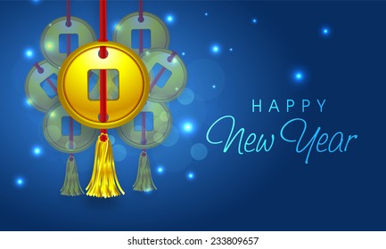 Happy New Year celebrations poster, banner or flyer design with traditional Chinese coin hanging on shiny blue background. 