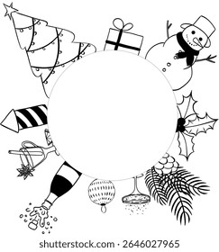 Happy New Year celebratory items black and white Frame circle round template. Vector graphic line ink illustration. Holiday background. for package, holiday design, fabric and textile.

