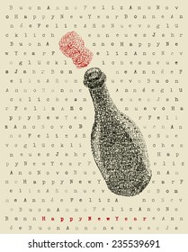 Happy new year champagne bottle in typewriter art