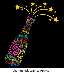 Happy New Year champagne bottle word cloud