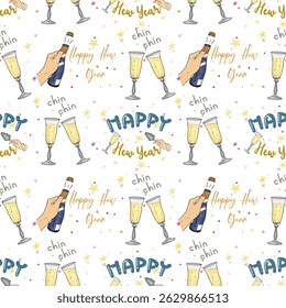 Feliz Ano Novo Champagne Celebration Pattern. Design de Ano Novo sem costura com óculos de torrefação