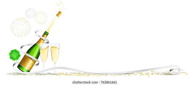 Happy new year champagne fireworks clover confetti banner