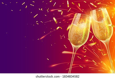 Happy new year with champagne glasses. Festive xmas banner with two wineglasses with sparkling wine and shining gold confetti vector concept. Illustration champagne celebration, christmas wine toast