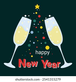 Happy New Year. Champagne glasses on the background of a Christmas tree made of balloons on a green background. 