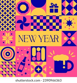 Happy New Year Champagne party seamless pattern in scandinavian style postcard with Retro clean concept design