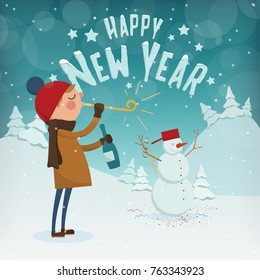Happy New Year Characters - Boy and Snowman