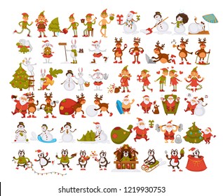 Happy New Year characters resting at beach, Santa Claus and rabbit vector. Haski dog and elf helper with girl in love, preparation for winter holiday. Old Nicolaus pine tree and snowman sunbathing