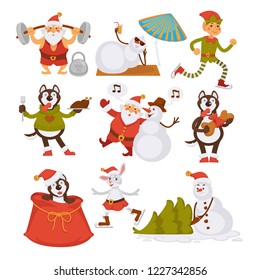 Happy New Year characters resting at beach, Santa Claus and rabbit vector. Haski dog and elf helper with girl in love, preparation for winter holiday. Old Nicolaus pine tree and snowman sunbathing