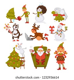 Happy New Year characters resting at beach, Santa Claus and rabbit vector. Haski dog and elf helper with girl in love, preparation for winter holiday. Old Nicolaus pine tree and snowman sunbathing