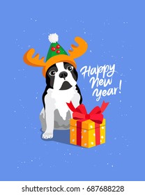 Happy New Year! Cheerful dog in a green hat with deer horns with a gift box. Calligraphy and lettering. Vector holiday card. Symbol of the year 2018. Bulldog.