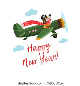 Happy New Year! Cheerful vector illustration. A fun dog character 2018 flying on the plane.