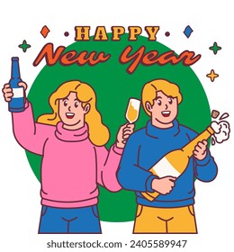Happy New Year Cheerful young man and woman with glasses of champagne