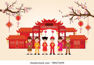 Happy New Year in China Town with chinese boy and girl ,happy chinese new year paper art and craft style vector illustration.