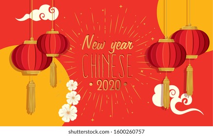 happy new year chinese 2020 with lanterns hanging vector illustration design