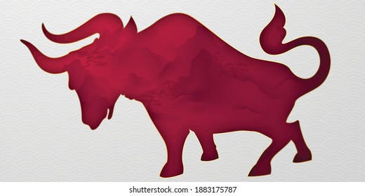 Happy new year chinese new year 2021 year of the cow character cow red paper cut and white background