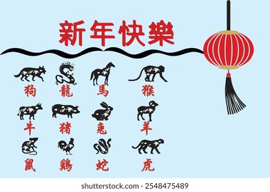 Happy new year. Chinese new year animal symbols. Chinese calendar Named animals on white background. Greeting card, banner, poster or sticker designing idea. 