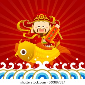 Happy New year. Chinese characters and the symbol of happiness in the form of fish. Translation of chinese text: May you have a prosperous new year.