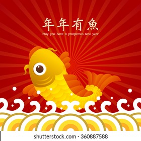 Happy New year. Chinese characters and the symbol of happiness in the form of fish. Translation of chinese text: May you have a prosperous new year.