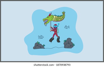 happy new year chinese concept, people dive by bringing a typical chinese dragon dance. vector flat illustration