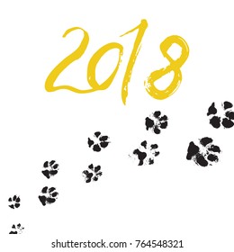 Happy new year, Chinese year of the dog, 2018. Hand drawn and real track paws, like a footprint on wet snow. Greeting card, vector illustration, isolated on white background.