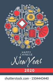 Happy new year, Chinese elements, lanterns and fan, luck and wealth symbols on greeting card vector. Gold lucky coins and money sack, flowers and fruits. Peach and apple, lemon, oriental holiday