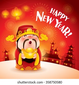 Happy New Year! Chinese God Of Wealth. Translation: Good Fortune.