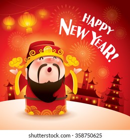 Happy New Year! Chinese God of Wealth. Translation: Good fortune.