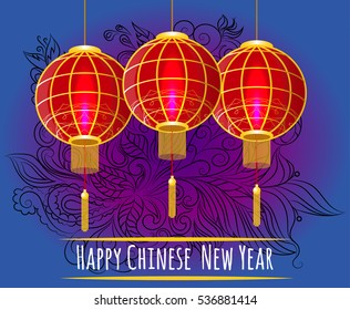 Happy New Year, Chinese Lantern, Lamp, Blue Violet Purple Background, Black Pattern, Leaves, Vector Illustration EPS 10