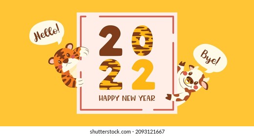 Happy New Year, Chinese Lunar New Year, Tiger And Ox Characters, Vector, Illustration