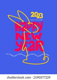 Happy New Year, Chinese New Year, Lunar, 2023. Year of the Rabbit , Chinese Traditional poster and card. Bunny in simple one line style. Gold rabbit icon. Vector illustration isolated blue background