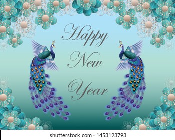 Happy New Year with Chinese peacocks and flowers With beautiful frames