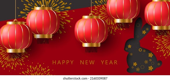 Happy New year. Chinese New year rabbit symbol. Flowers. Chinese background. Holiday Chinese banner with horoscope sign of 2023. Red, gold design