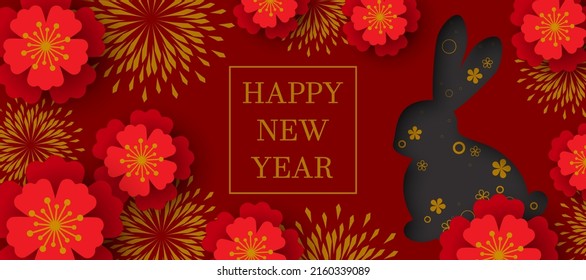 Happy New year. Chinese New year rabbit symbol. Flowers. Chinese background. Holiday Chinese banner with horoscope sign of 2023. Red, gold design