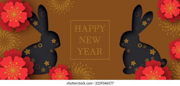 Happy New year. Chinese New year rabbit symbol. Flowers. Chinese background. Holiday Chinese banner with horoscope sign of 2023. Red, gold design