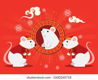 happy new year chinese with rats and decoration vector illustration design