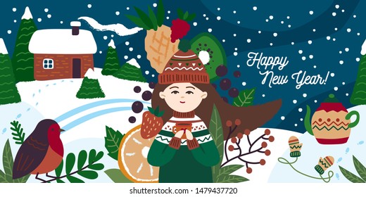 Happy New Year and Christmas 2020 vector illustration. Girl with tea and fruit. Cozy and nice snow winter flat banner.