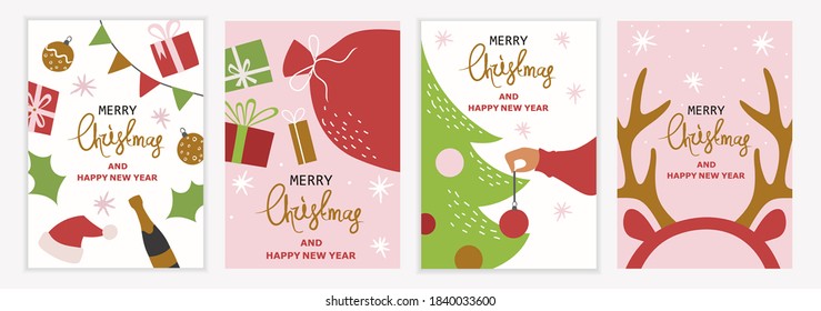 Happy new year and christmas 2021. Set of colorful templates for banners, flyers, posters, cards, brochures. Christmas tree and gifts. Cartoon flat design. Vector illustration. Calligraphic text.