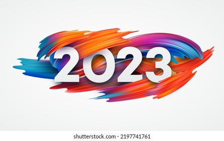 Happy New Year and Christmas 2023. 2023 typography on a background of bright colored paint strokes. Merry Christmas and Happy New Year holiday greeting card. Vector illustration EPS10