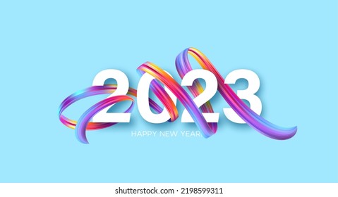 Happy New Year and Christmas 2023. 2023 typography on a background of bright colored paint strokes. Merry Christmas and New Year holiday greeting card. Vector illustration EPS10