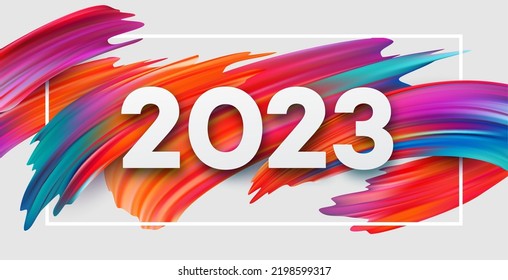 Happy New Year and Christmas 2023. 2023 typography on a background of bright colored paint strokes. Merry Christmas and New Year holiday greeting card. Vector illustration EPS10