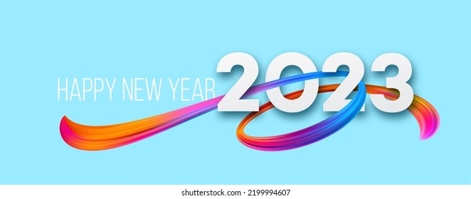 Happy New Year And Christmas 2023. 2023 Typography On A Background Of Bright Colored Paint Strokes. New Year Holiday Greeting Card. Vector Illustration EPS10