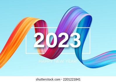 Happy New Year and Christmas 2023. 2023 typography on a background of bright colored paint strokes. New Year holiday greeting card. Vector illustration EPS10